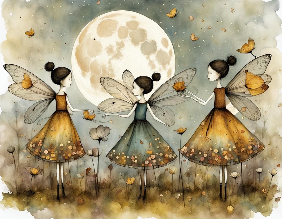 Magical Garden Fairies in Moonlight, Whimsical Illustration
