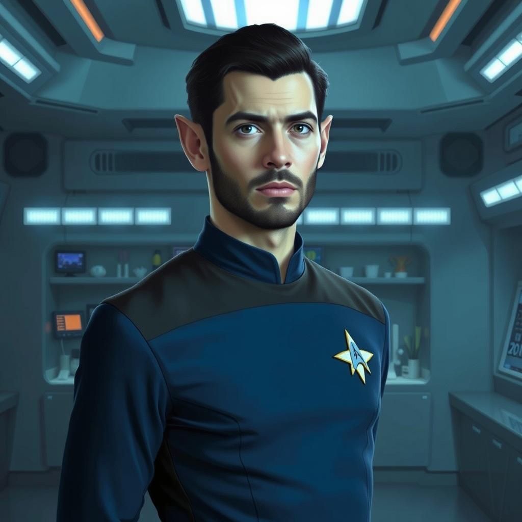 Vulcan in Starfleet Uniform in Futuristic Lab
