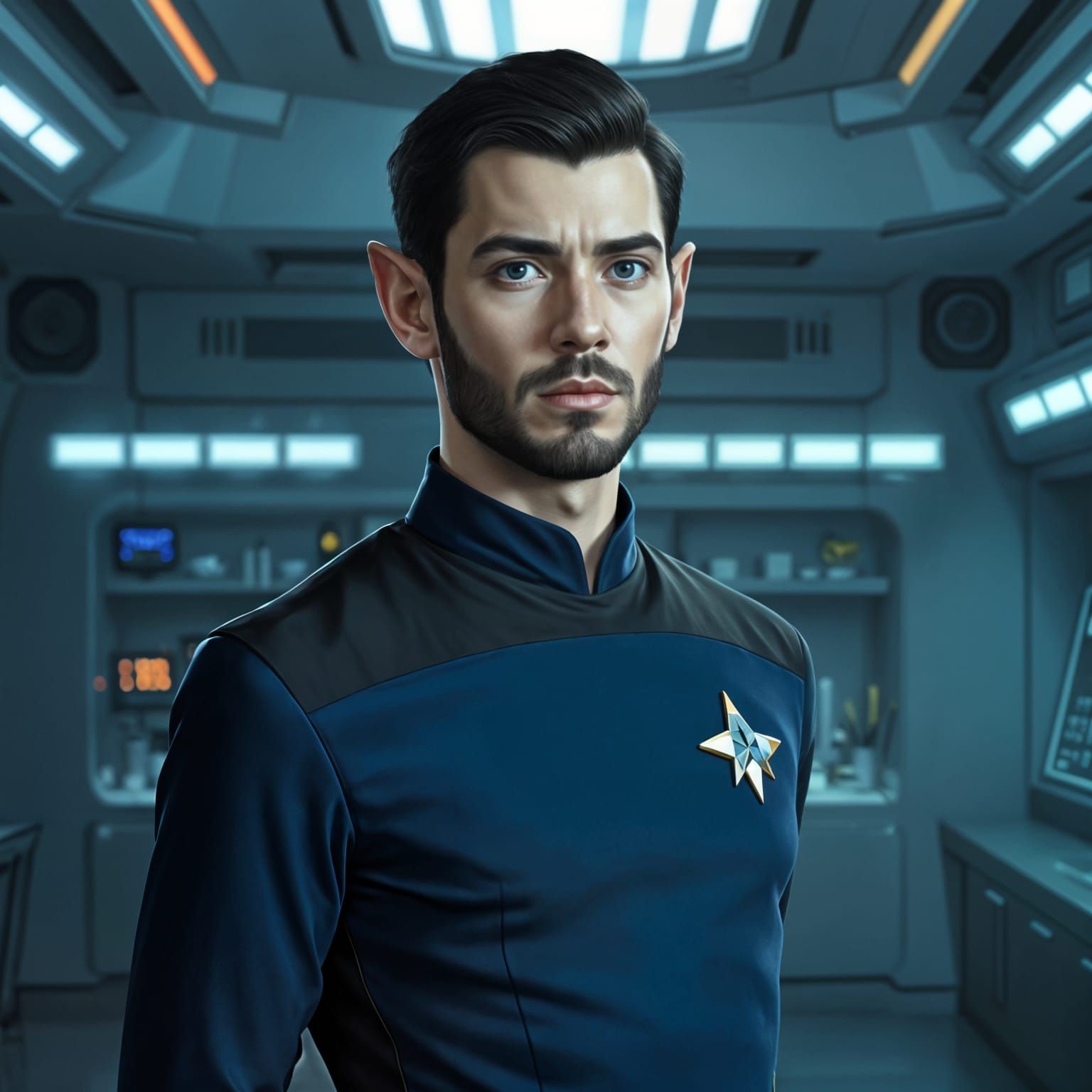 Vulcan Starfleet Officer in Futuristic Science Lab