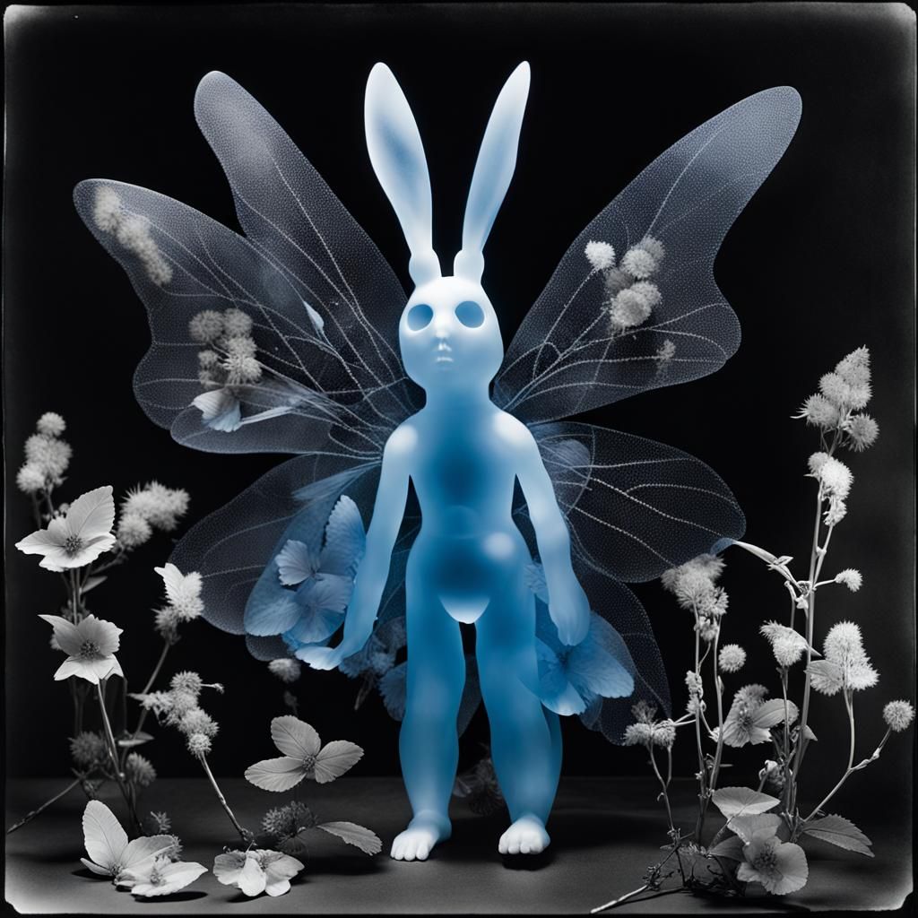 Photogram of blue glass bunny with  butterfly wings  by Mann Ray, Photogram, flowers inside the  glass butterfly wings, ...