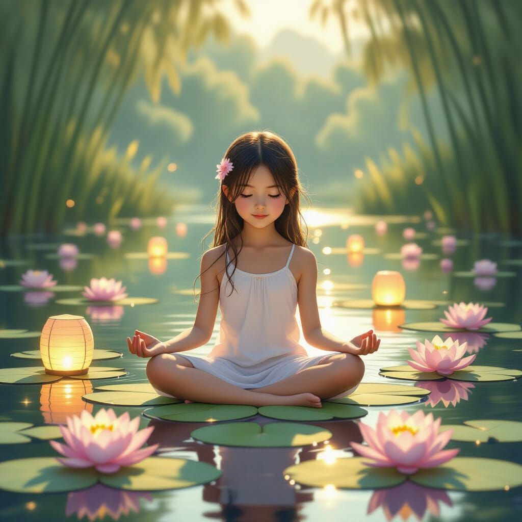 Serene Girl Meditating on Lily Pads in Ethereal Digital Pain...