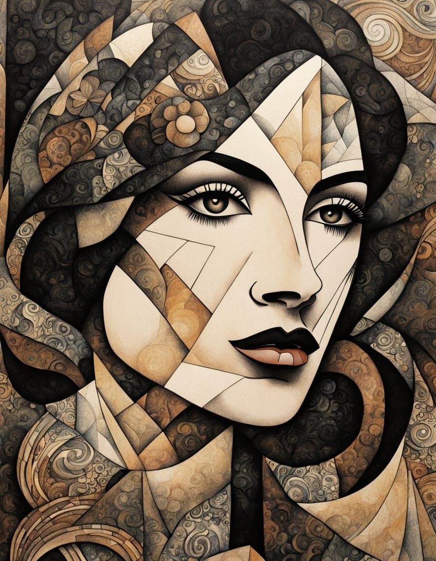 Art Deco Woman Portrait in Cubist Impasto Style