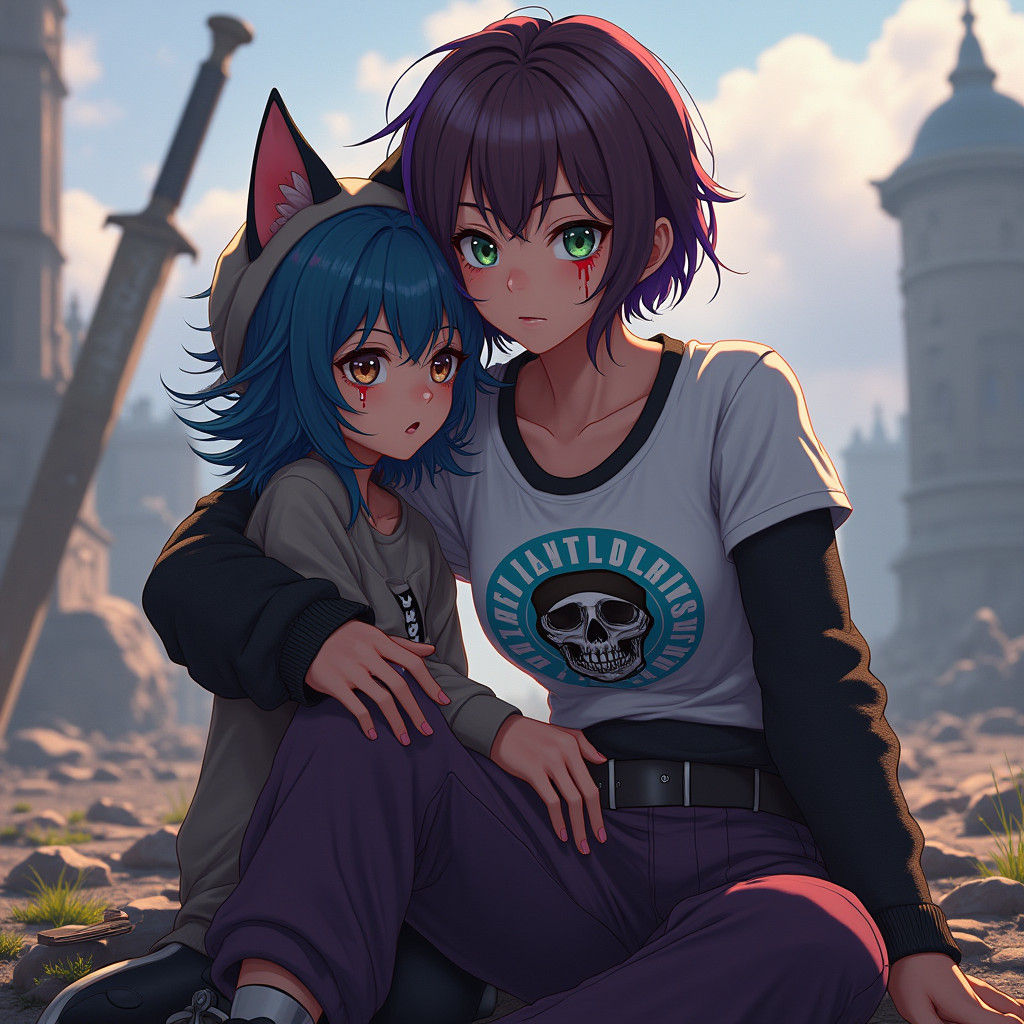 Girls Embrace on Ravaged Battlefield