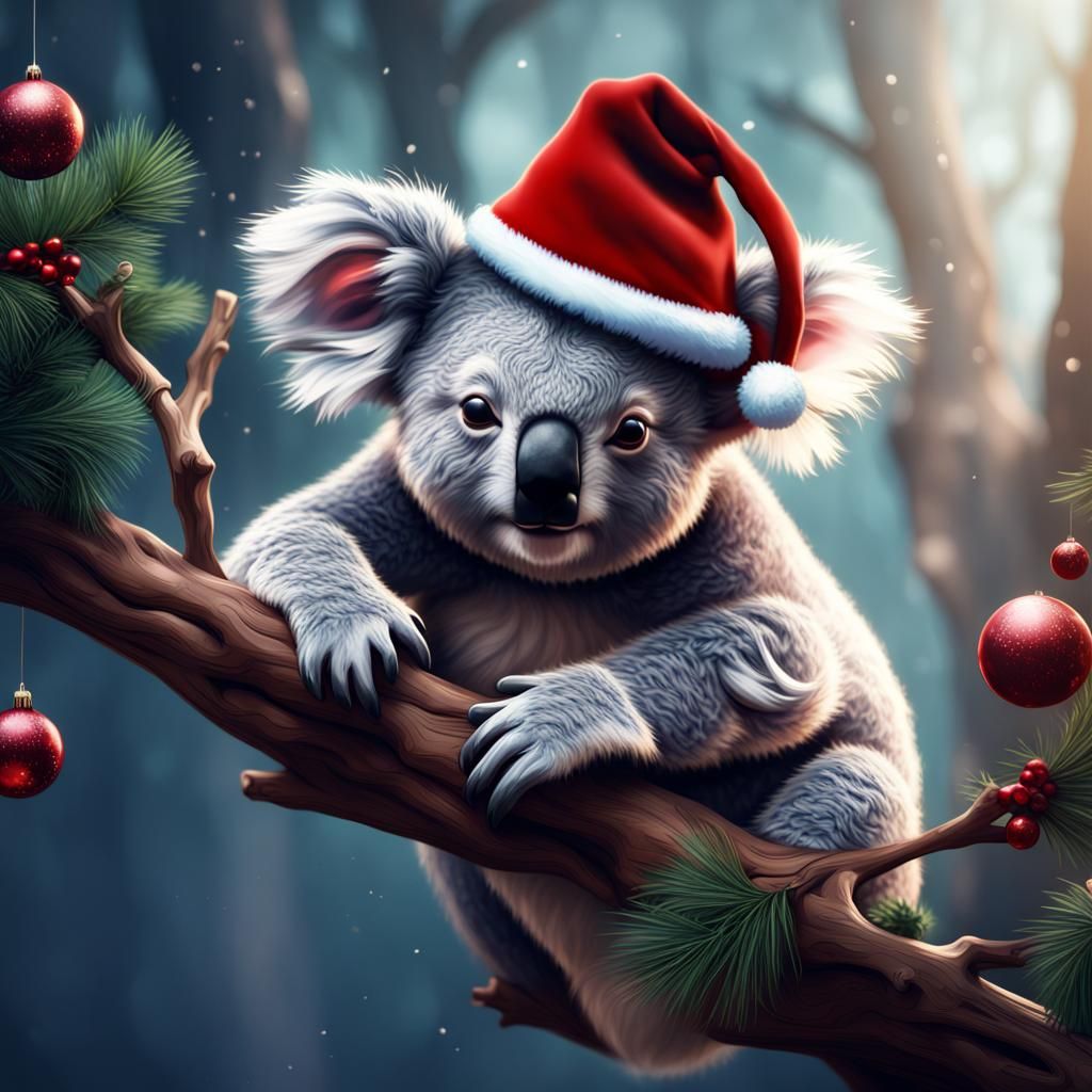 Festive Koala in Christmas Hat: Detailed Matte Painting