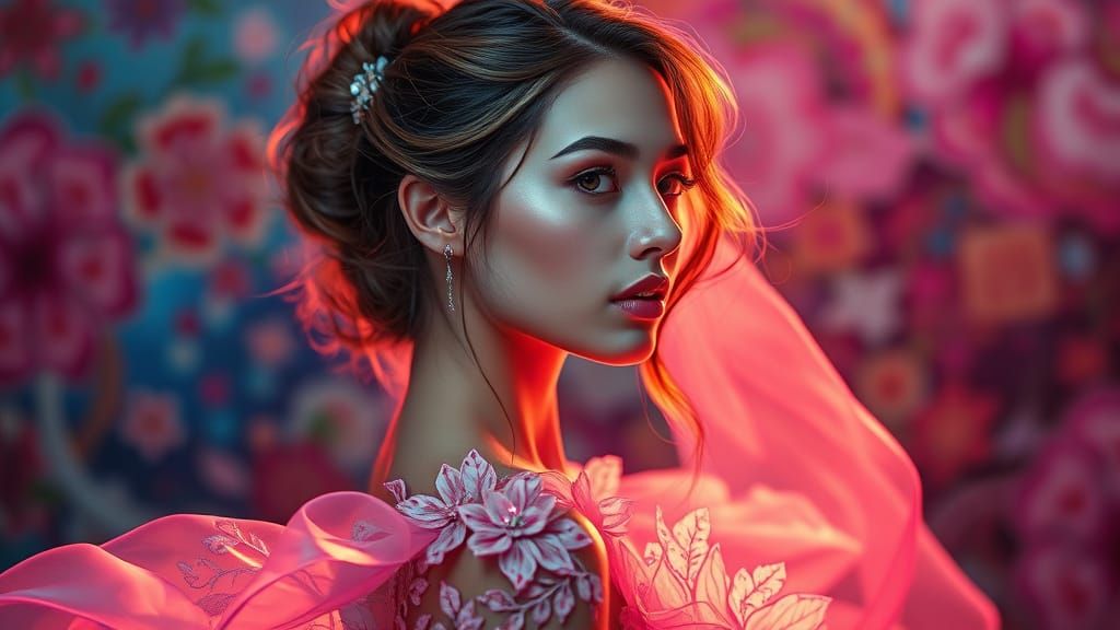 Hyperrealistic Portrait of Woman in Flowing Dress