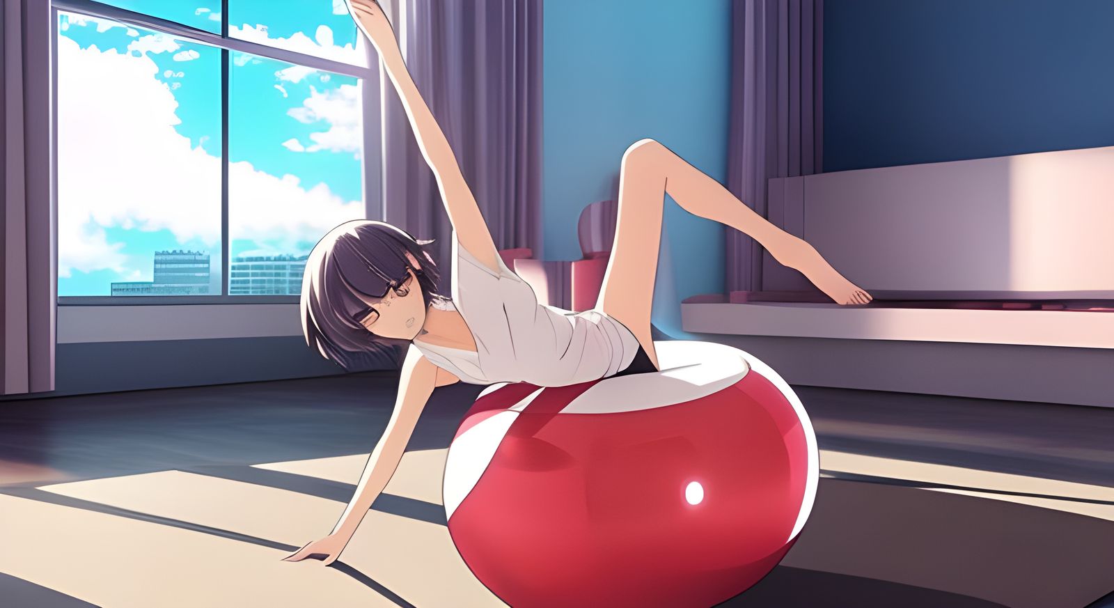 Girl on Yoga Ball in Anime Style