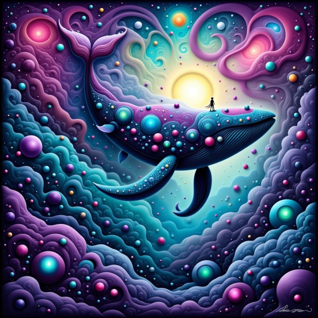 Cosmic Whale Adorned with Runes in Nebula