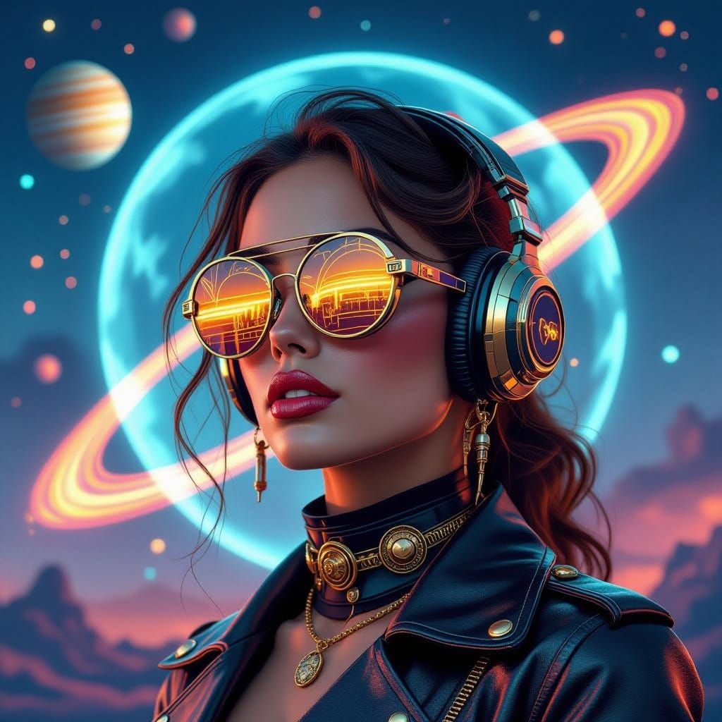 Stunning Steampunk Girl with Neon Lights and Futuristic Gogg...