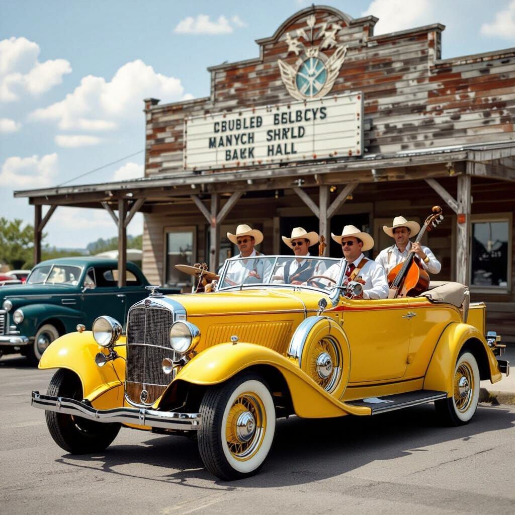 1930s Country Band in Yellow Convertible