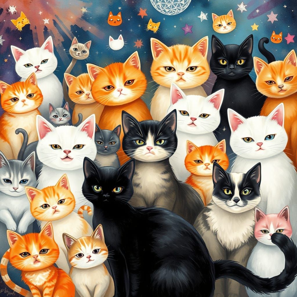 Whimsical Feline Wonderland in Vibrant Colors