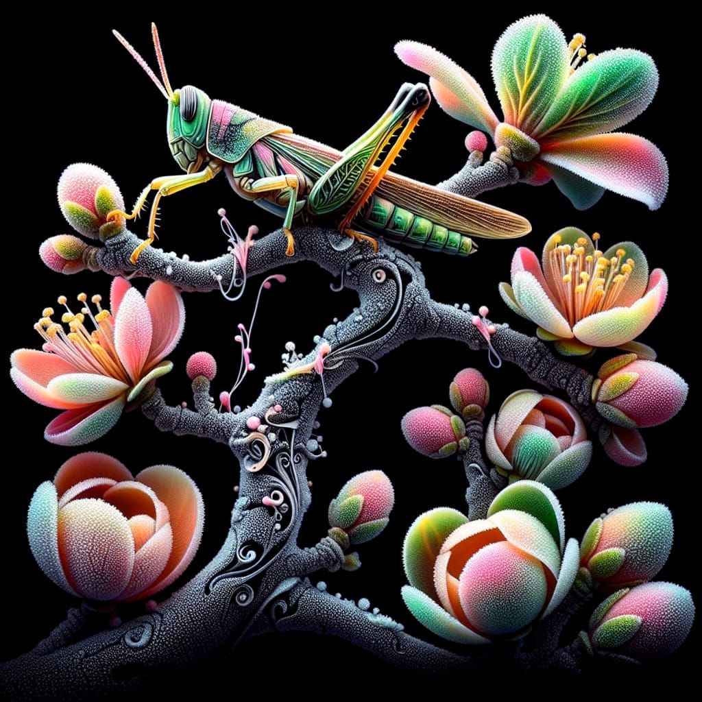 Grasshopper on Cherry Blossom with Japanese Calligraphy