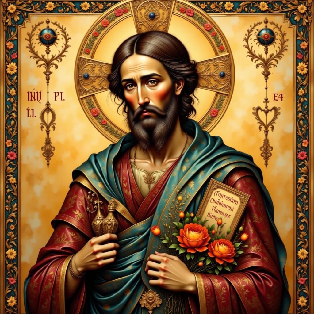 Byzantine Icon of a Saint in Folk Art Nouveau Style