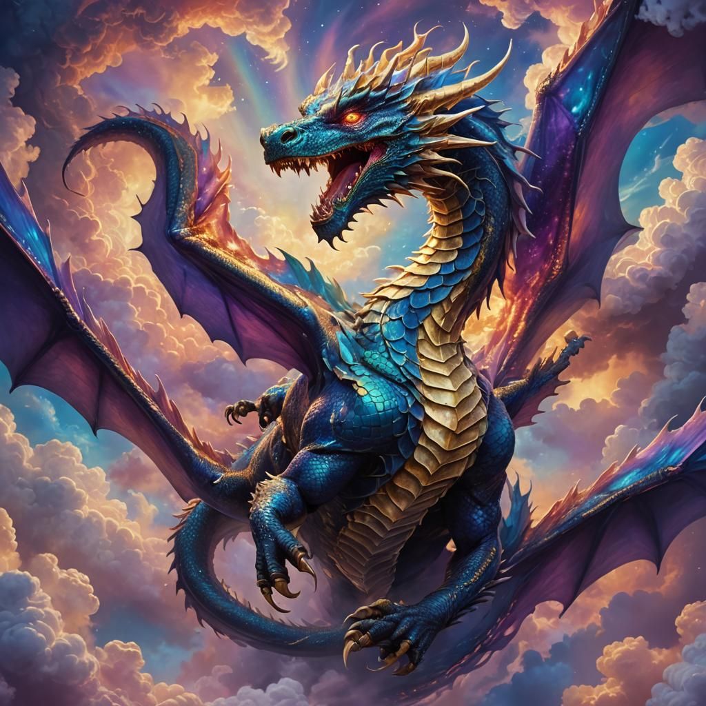Mythic Air Dragon Soaring Through Iridescent Clouds