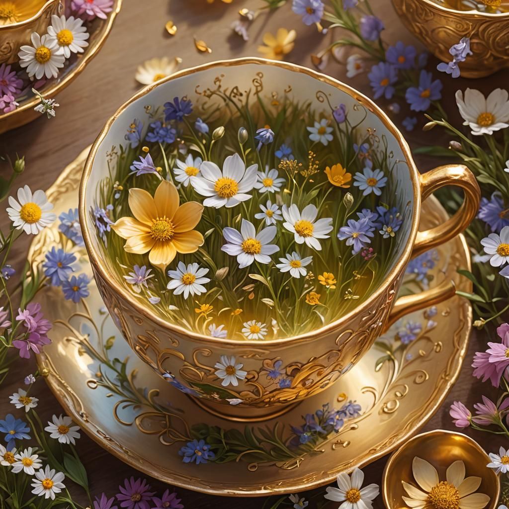 Spring Meadow Inside Golden Teacup: Art Nouveau Painting