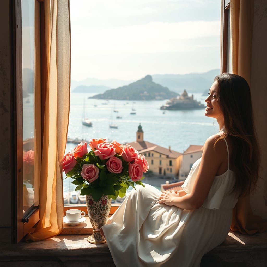 Woman on Rustic Windowsill Overlooking Mediterranean Harbor