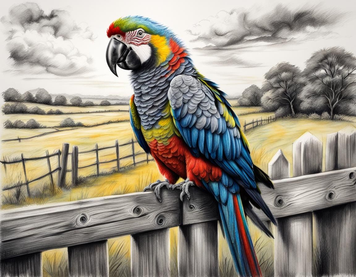 Parrot Grooming in Countryside: Charcoal and Chalk Drawing