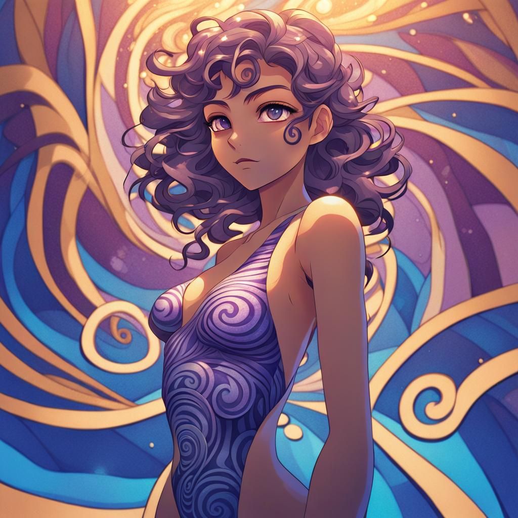 Cyberpunk Anime Goddess with Hypnotic Spirals in Stylized Co...