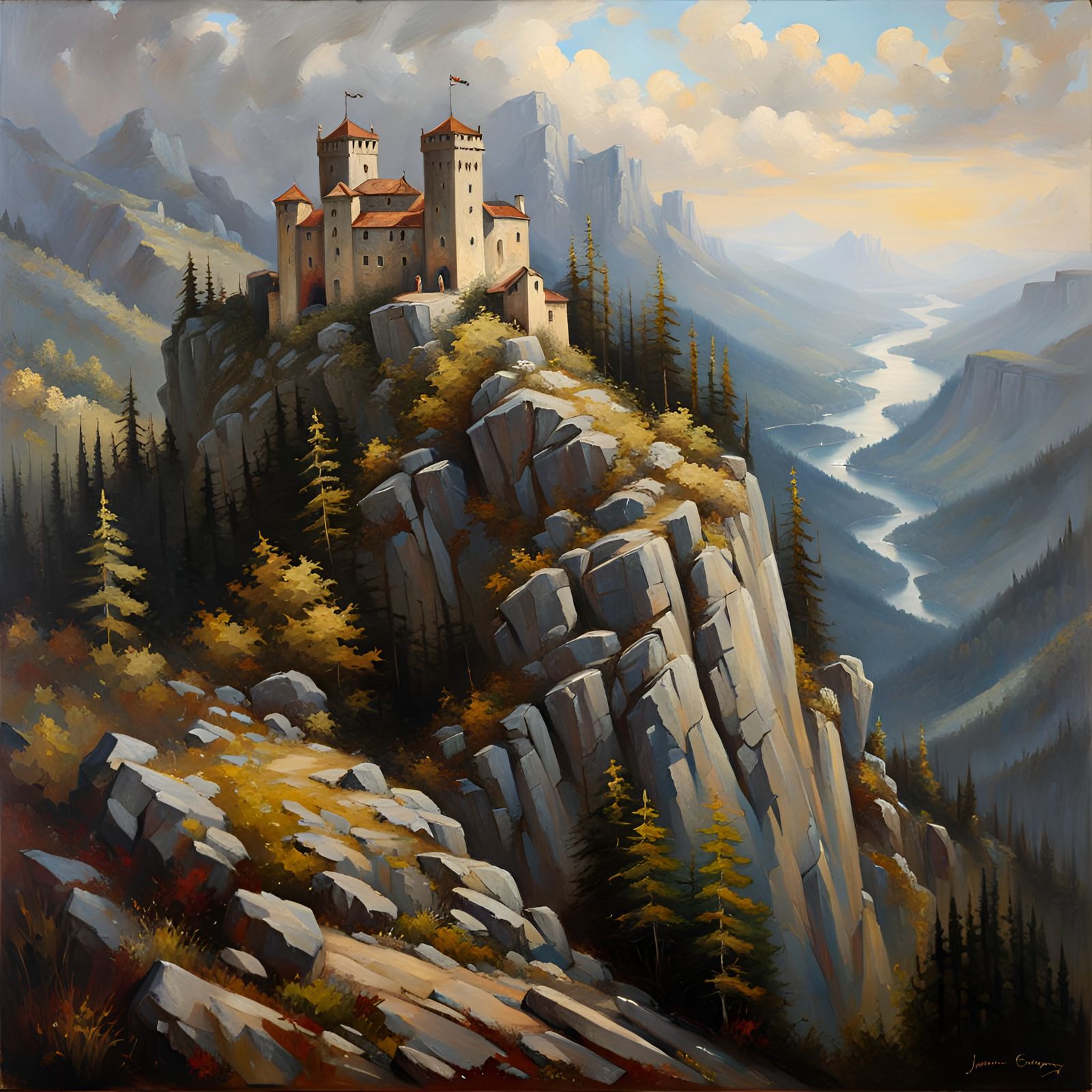 Majestic Grayscale Castle on Mountain, Oil Painting