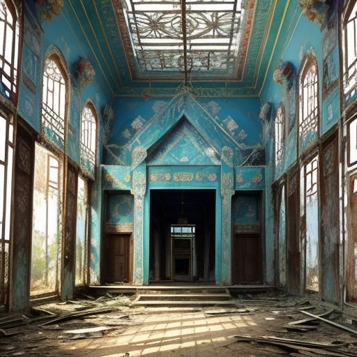 Abandoned Temple Ruins in Mixed Media Style