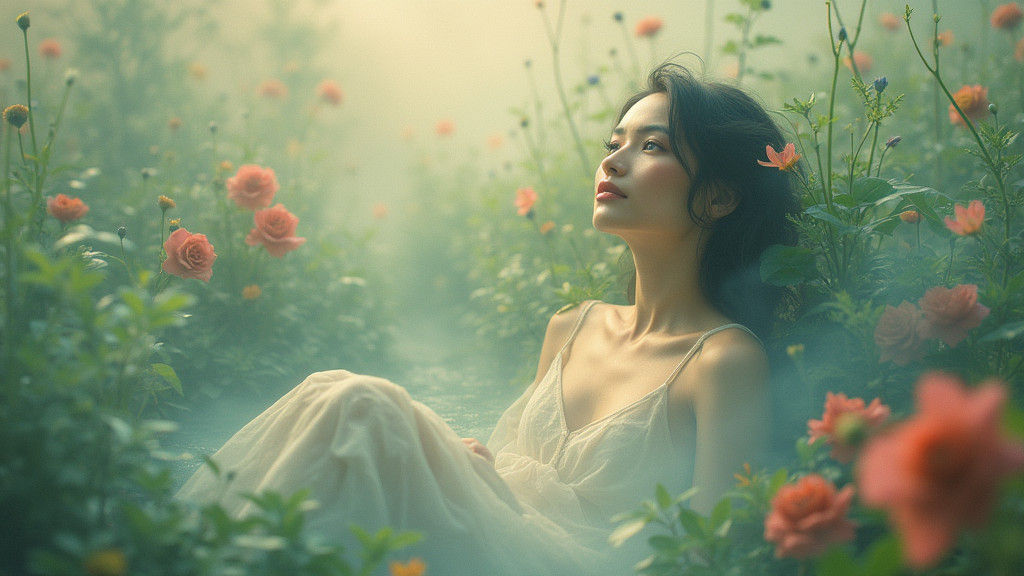 Dreamy Woman in Tranquil Surrealist Landscape