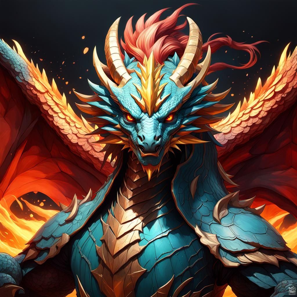 Dragon Phoenix Hybrid Portrait in Hyperdetailed Digital Art