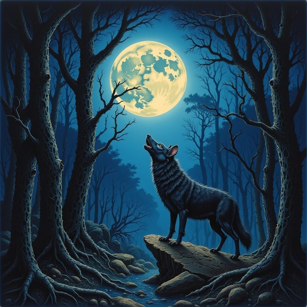 Majestic Wolf Howling at Moonlit Forest in Dark Fantasy Styl...