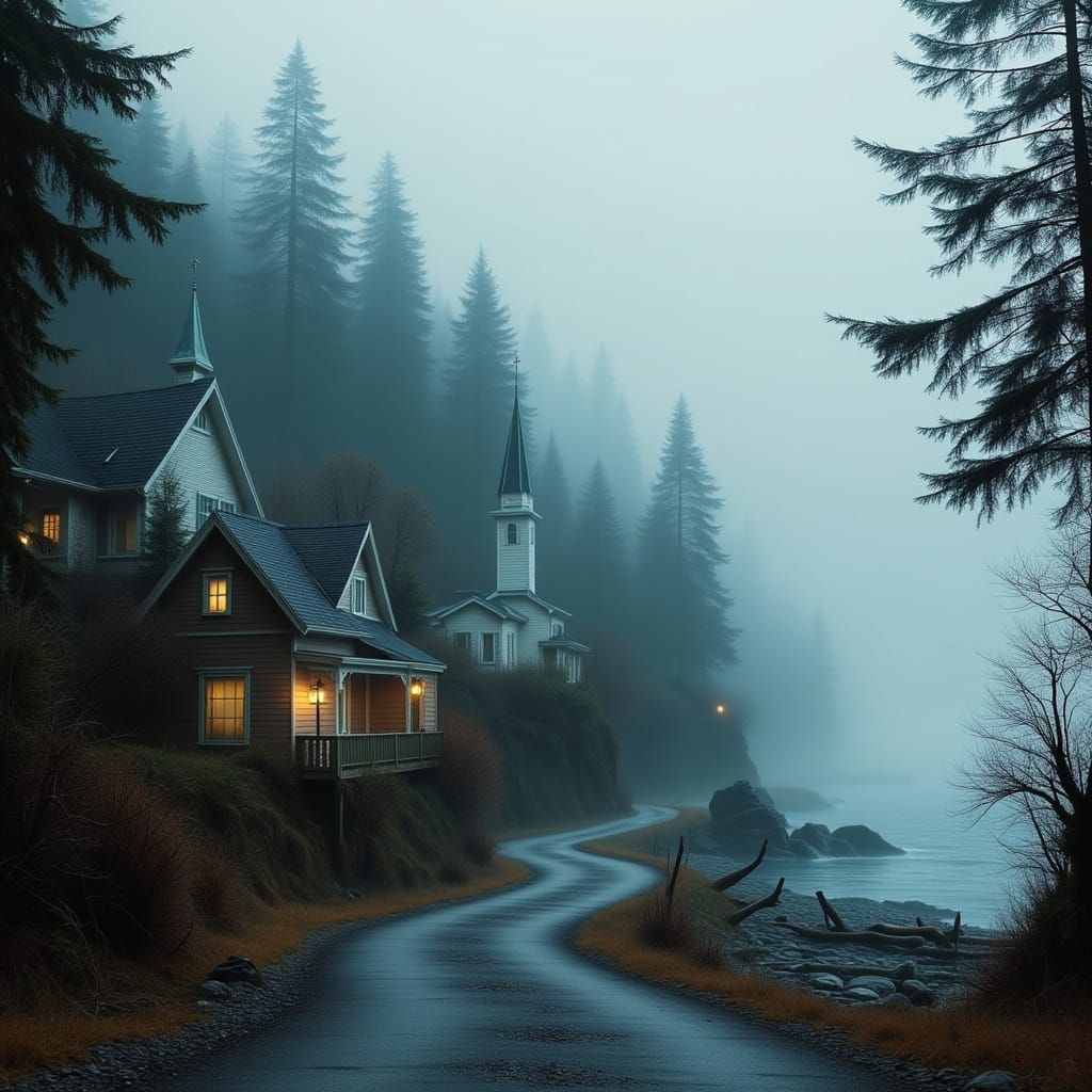 Misty Coastal Town in Pacific Northwest
