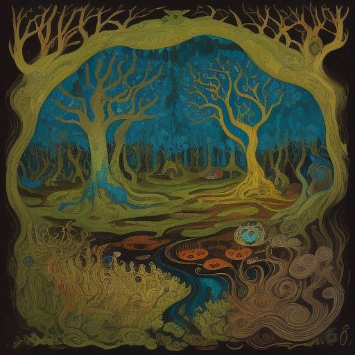 Whimsical Microbes Dance in a Stylized Forest