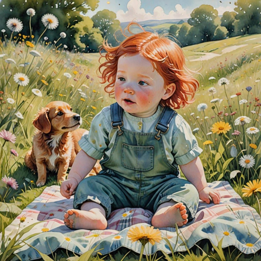 Toddler in Meadow, Impressionist Watercolor Style