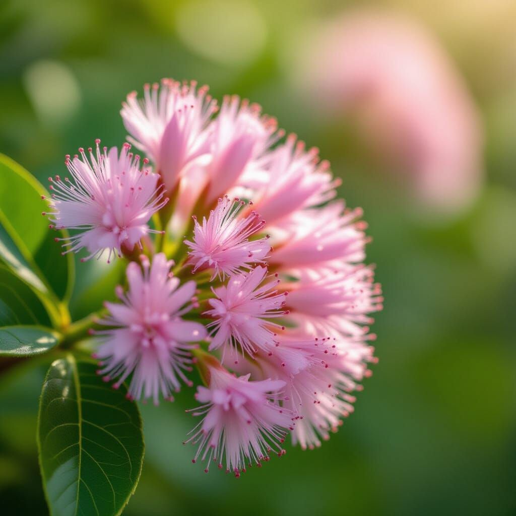 Close-up Pink Albizia Flowers with Dewdrops
