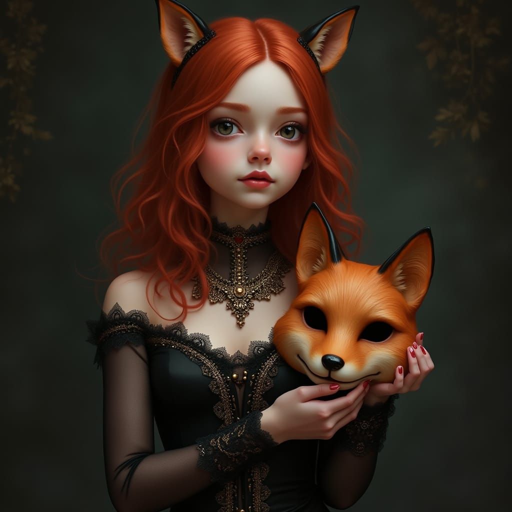Red-Haired Girl with Fox Mask in Gothic Portrait