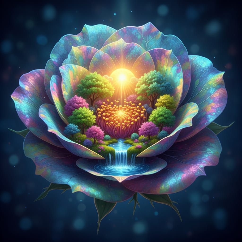 Giant Blooming Rose with Miniature World Inside, Macro Photo...