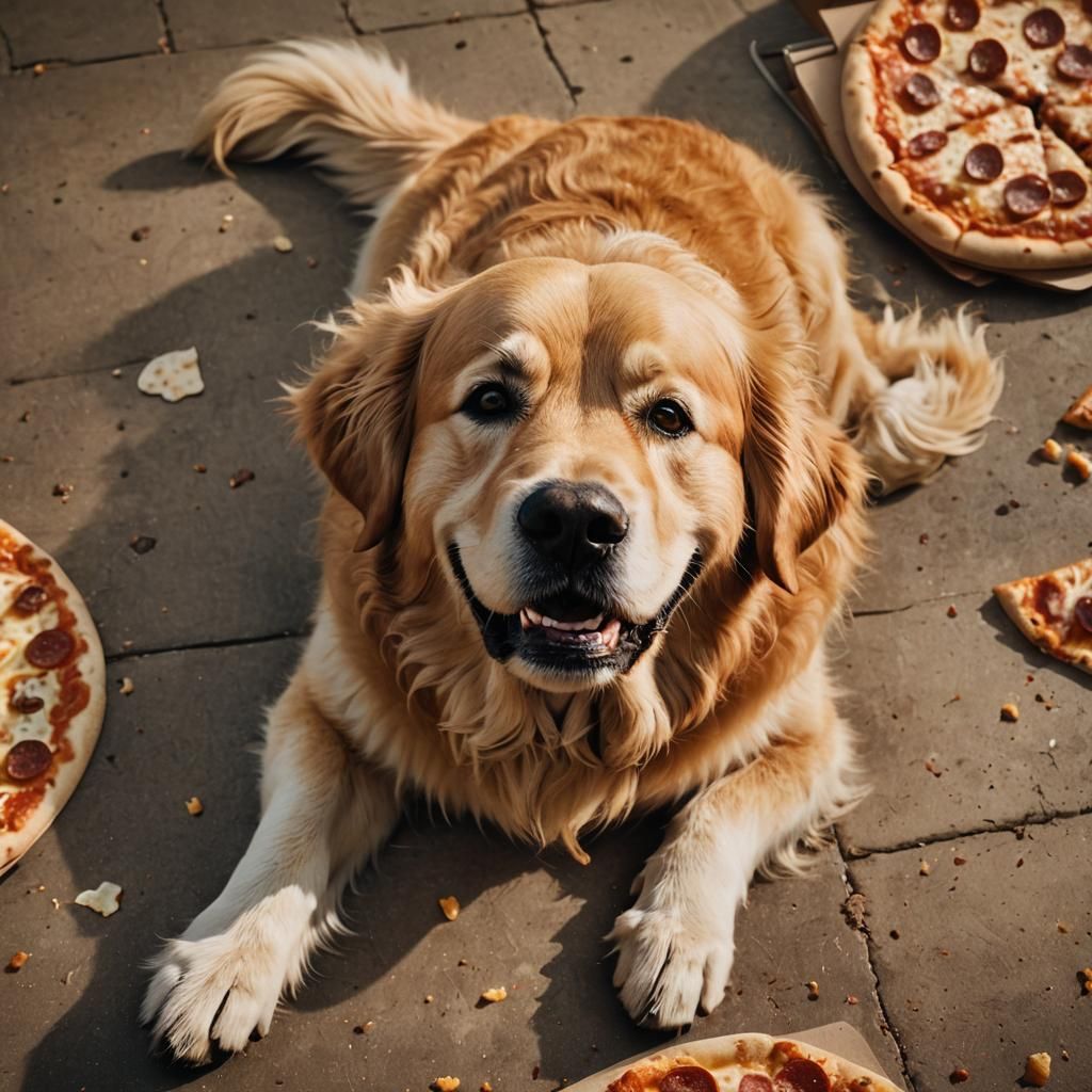 Goofy Golden Retriever After Pizza Feast