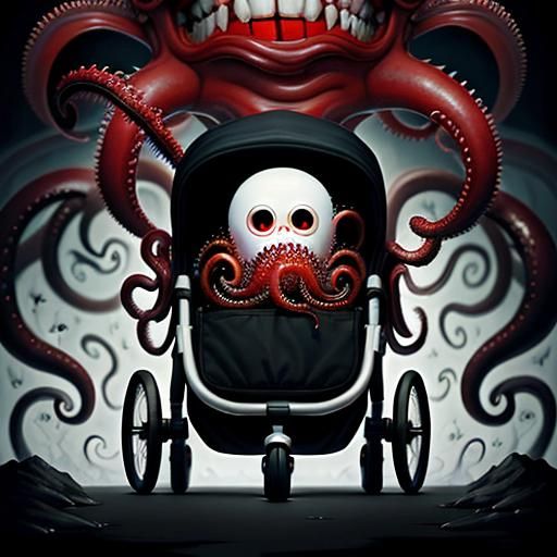 Surreal Ghost Pushing Tentacles Stroller Under Tornado