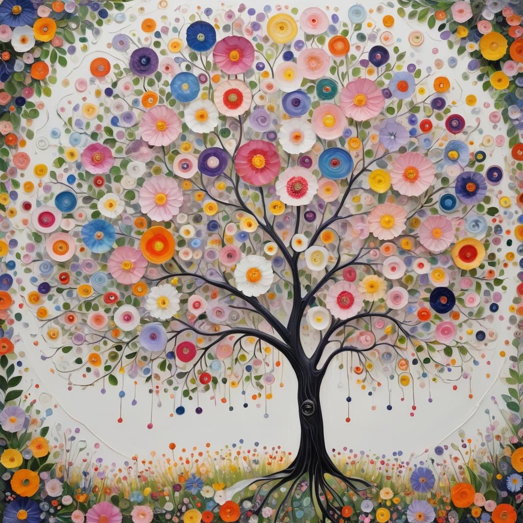 Enchanting Floral Tree in Mixed Artistic Styles