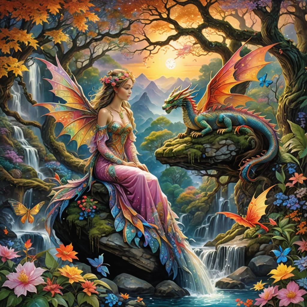 Fairy and Dragon in Maximalist Digital Painting