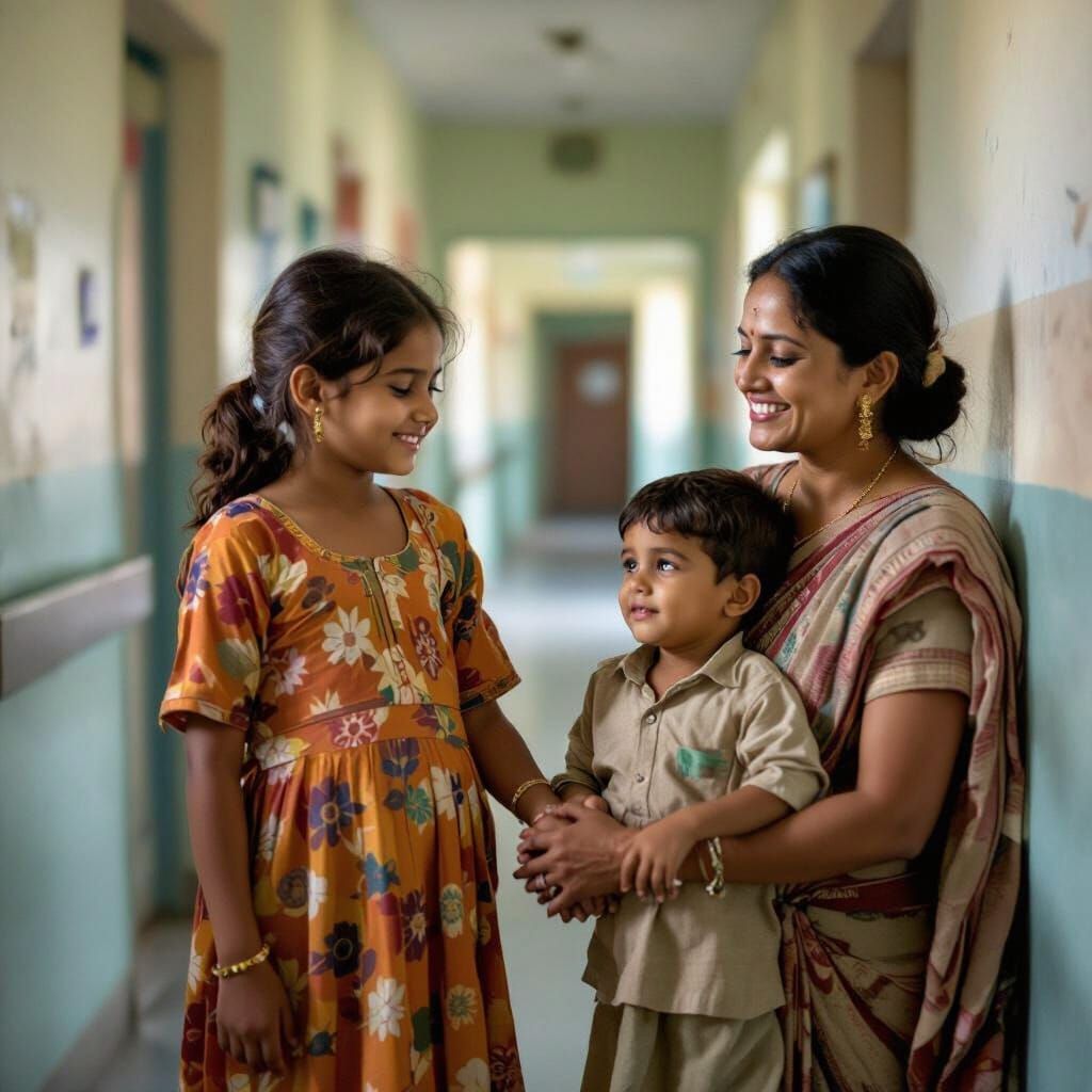 Emotional Indian Family Portrait in Hospital Corridor