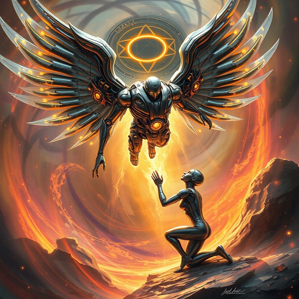 Biomechanical Angel Descends in Digital Painting