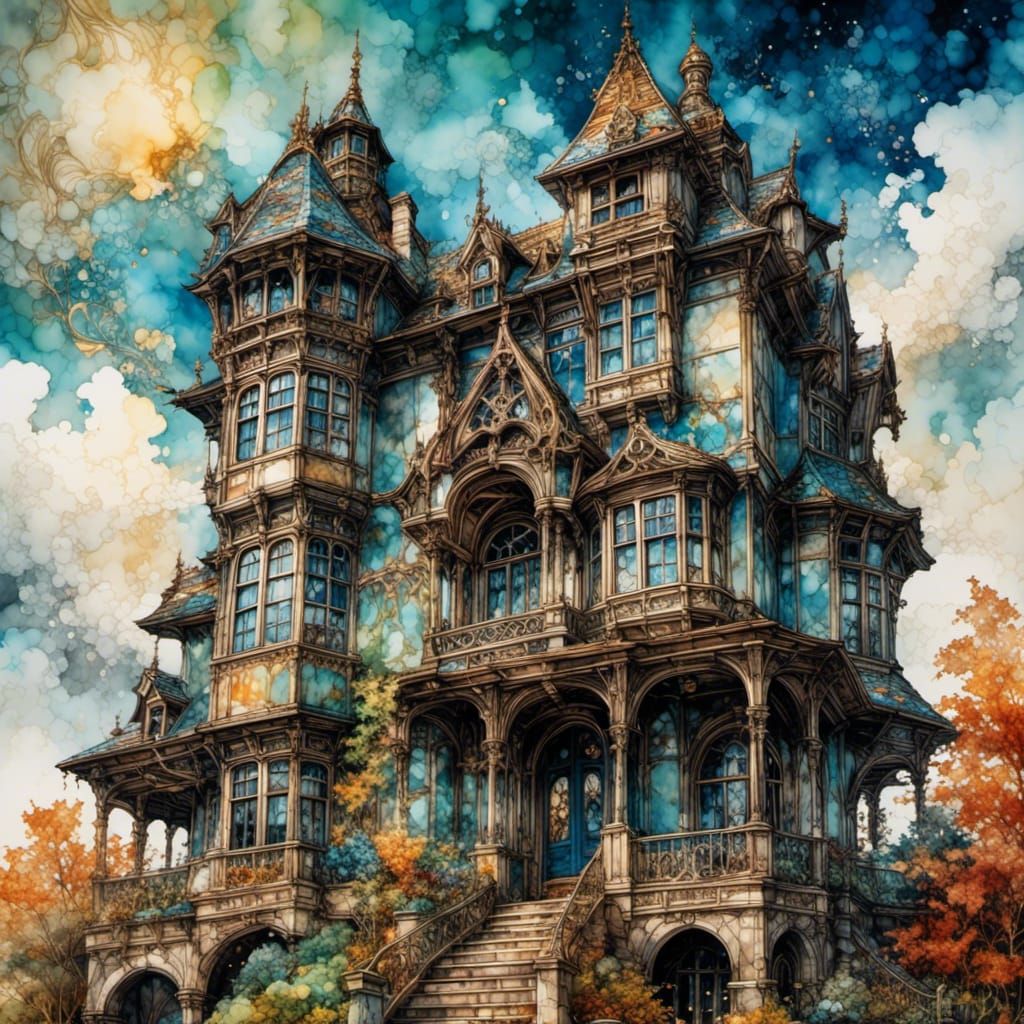 Vibrant Tudor Mansion in Watercolor and Ink