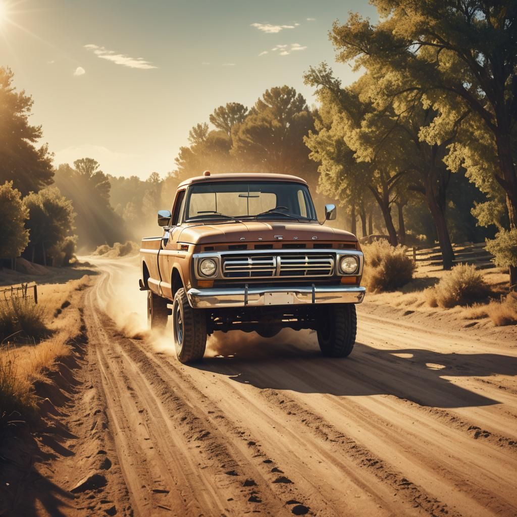 Classic Ford Truck on Rural Road, Retro Illustration