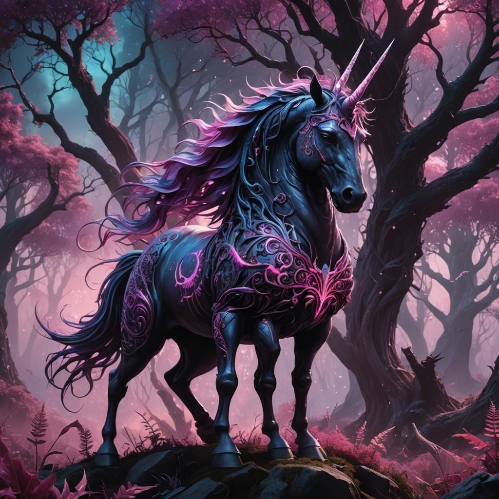 Evil Unicorn in Mystical Realm, Dark Fantasy Art