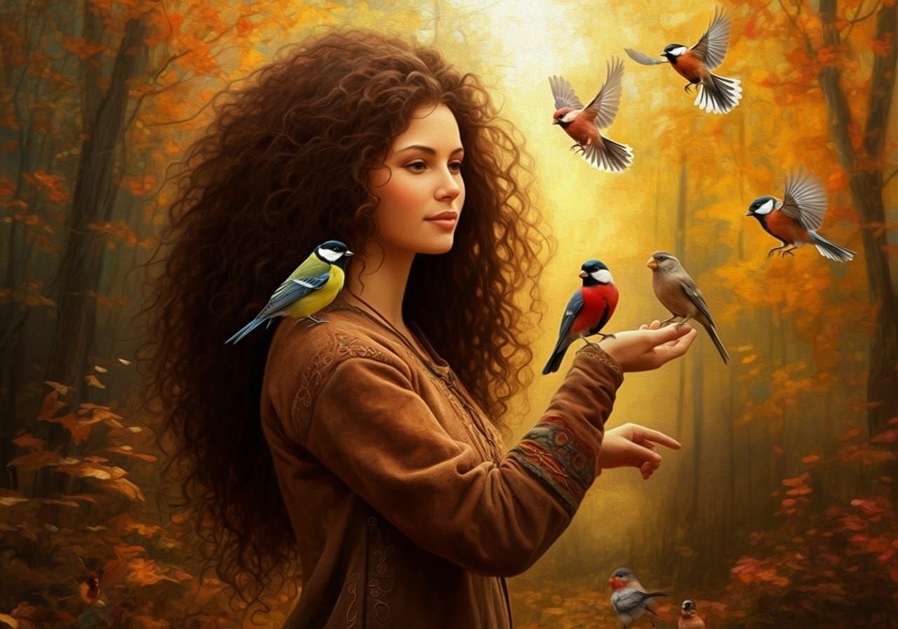 Female Bird Whisperer in Autumn Forest as Oil Painting