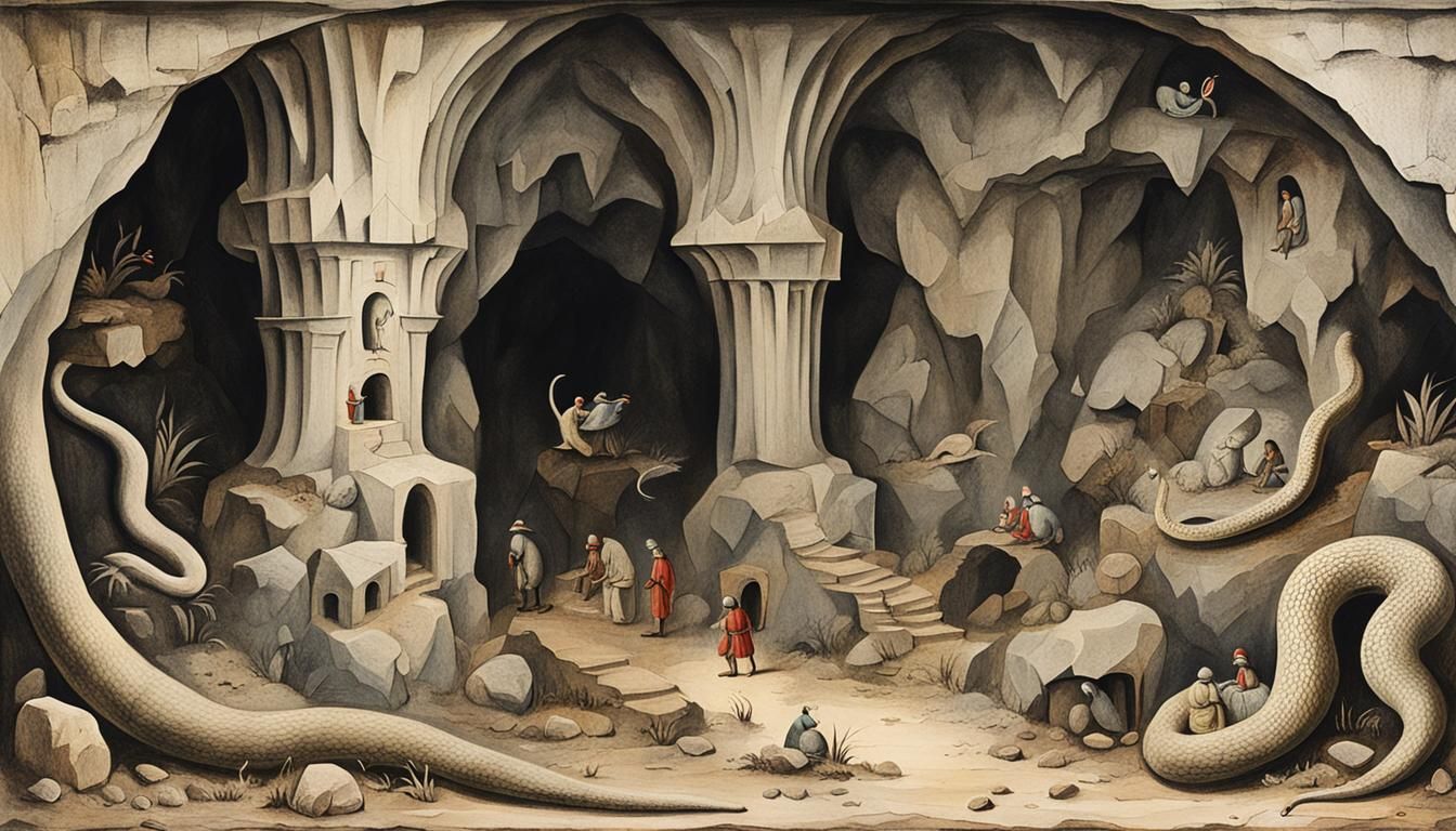 Cave with Snake Pillar in Hieronymus Bosch Style