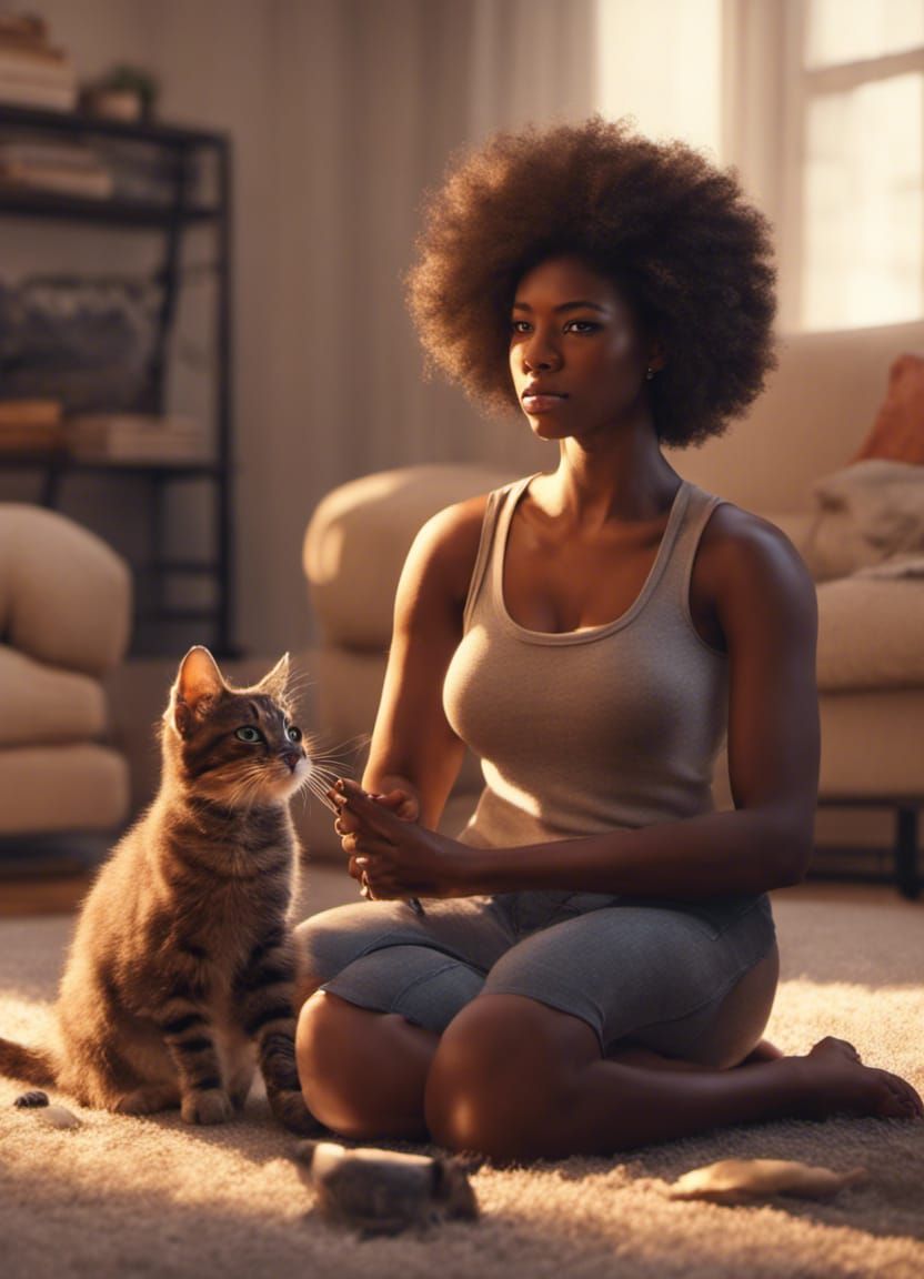 Curvy Woman and Kitten in Anime Style