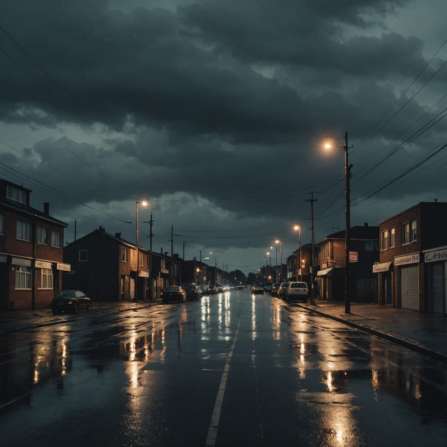 Gloomy Evening in Rainy Industrial Neighborhood