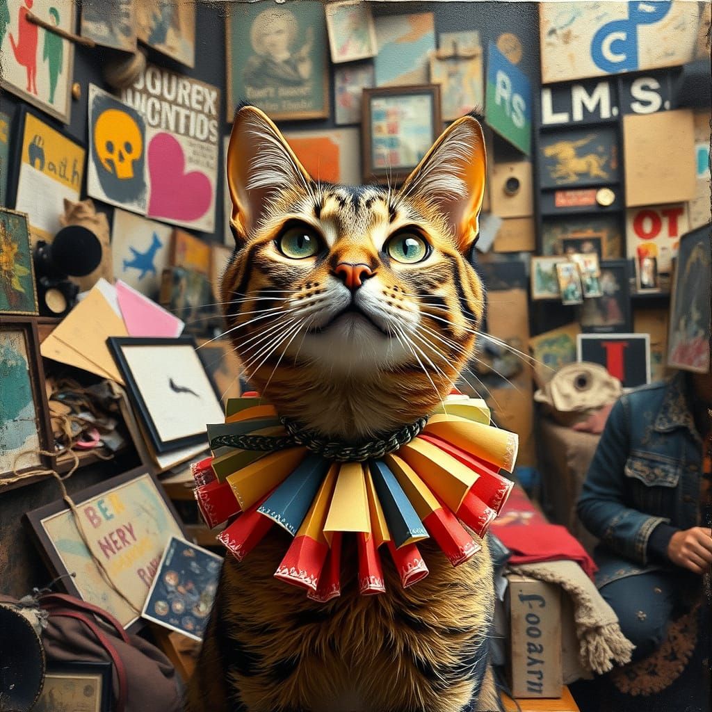 Cat in Crowded Room in Mixed Media Style
