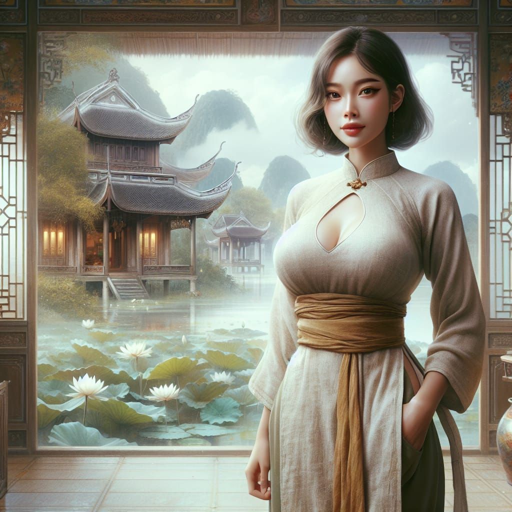 Vietnamese Woman in Lotus Lake Fantasy Concept Art