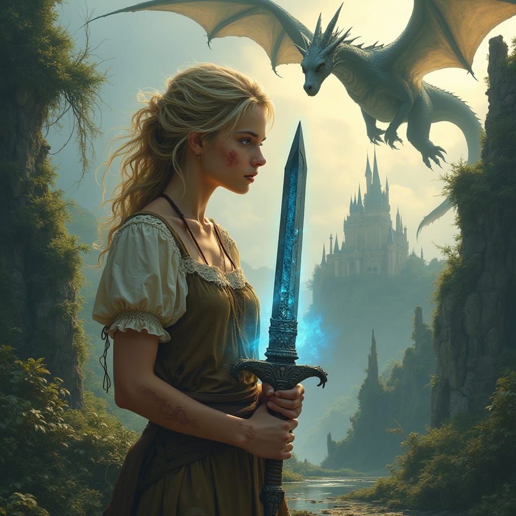 Young Warrior with Sapphire Sword and Dragon