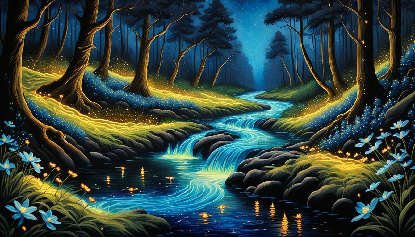 Bioluminescent Forest Stream: Fantasy Acrylic Art