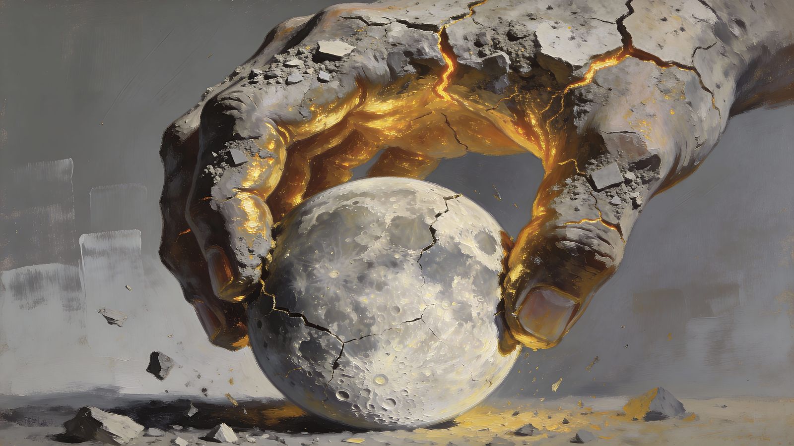 Cracked Ash Hand Crushes Moon in Impasto Oil Paint